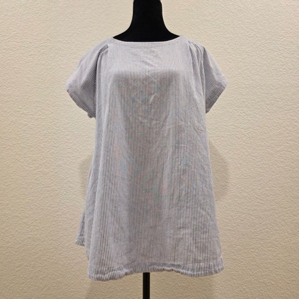 Free People Top‎ Blouse Size S White Blue Striped Cap Sleeve Side Pockets Boho